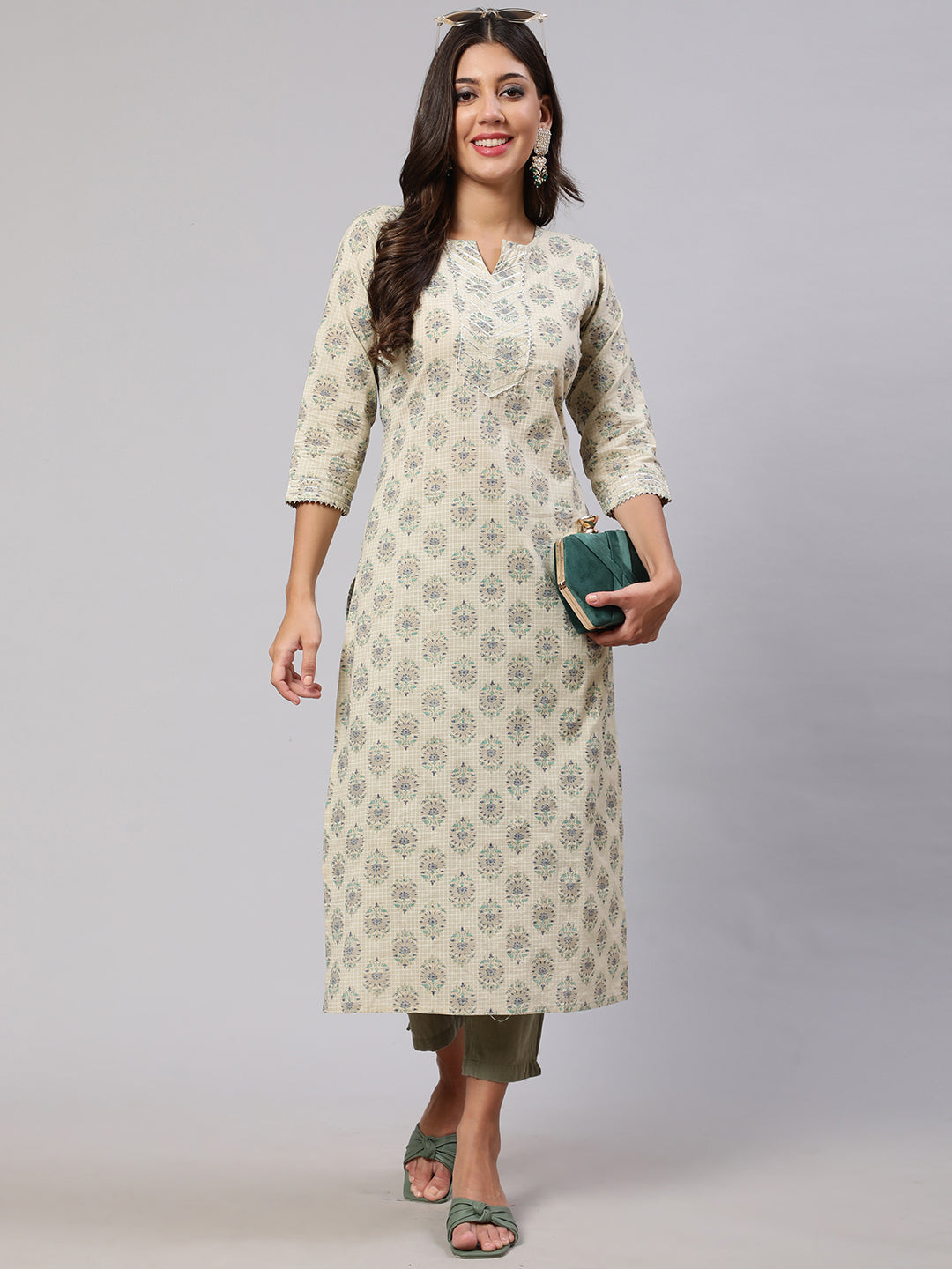 Women's Cream Printed Straight Kurta With Three Quarter Sleeves