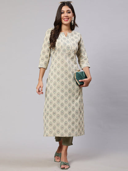 Women's Cream Printed Straight Kurta With Three Quarter Sleeves