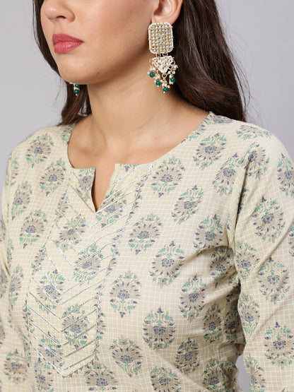 Women's Cream Printed Straight Kurta With Three Quarter Sleeves