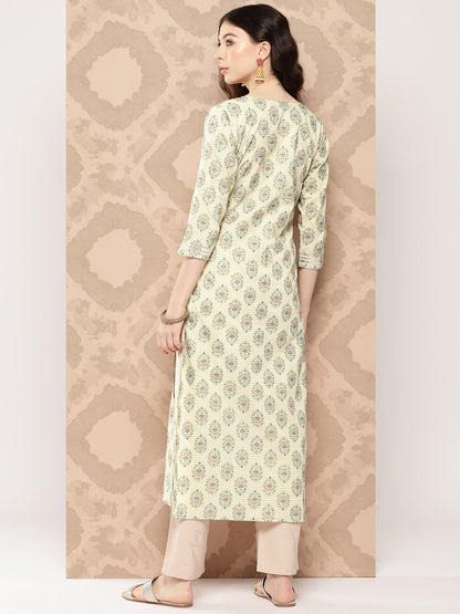 Women's Cream Printed Straight Kurta With Three Quarter Sleeves