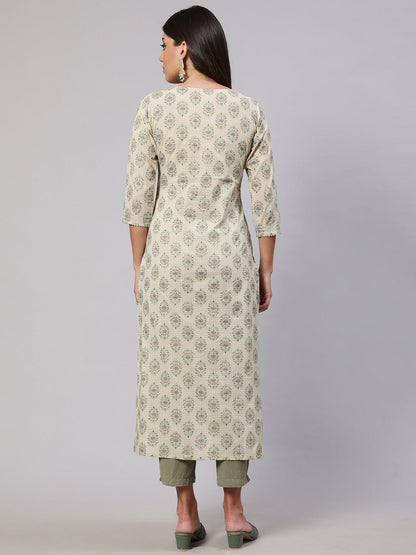 Women's Cream Printed Straight Kurta With Three Quarter Sleeves