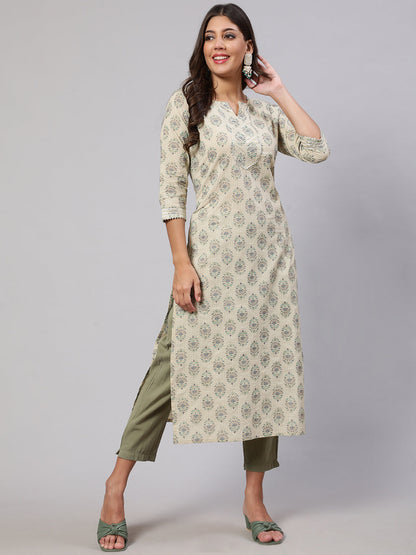 Women's Cream Printed Straight Kurta With Three Quarter Sleeves