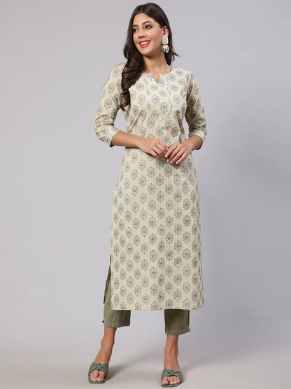 Women's Cream Printed Straight Kurta With Three Quarter Sleeves