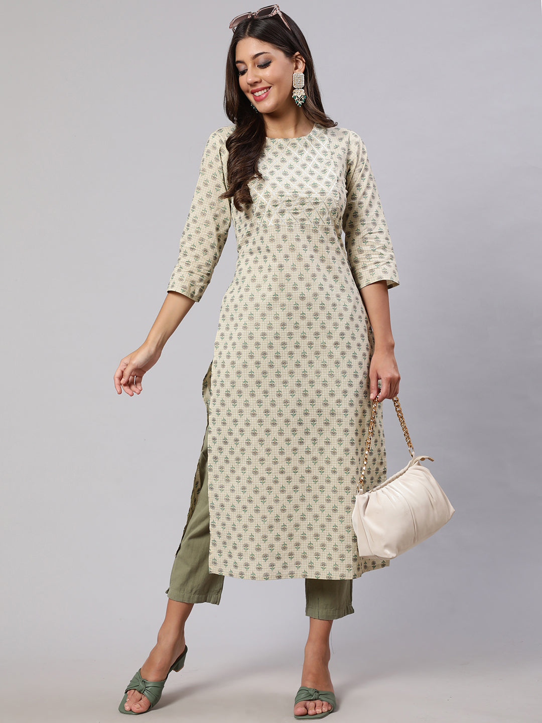 Women's Cream Printed Straight Kurta With Three Quarter Sleeves
