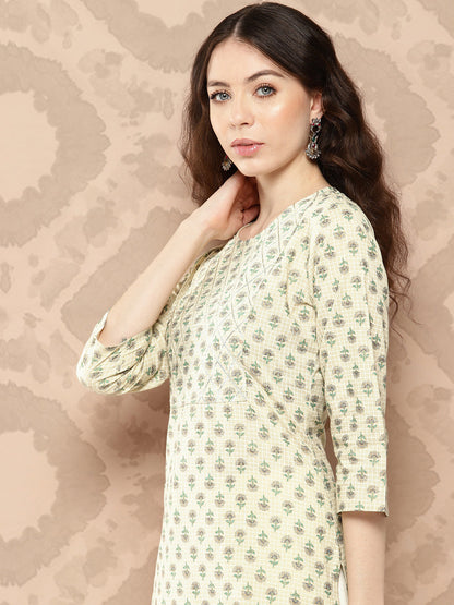Women's Cream Printed Straight Kurta With Three Quarter Sleeves