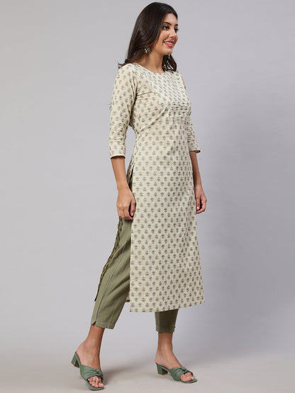 Women's Cream Printed Straight Kurta With Three Quarter Sleeves