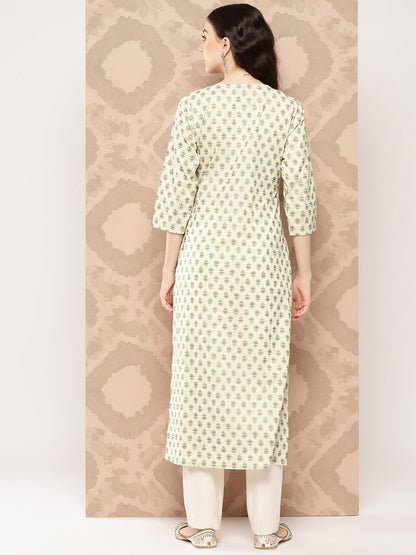 Women's Cream Printed Straight Kurta With Three Quarter Sleeves