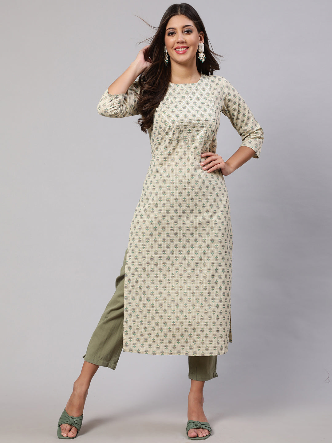 Women's Cream Printed Straight Kurta With Three Quarter Sleeves