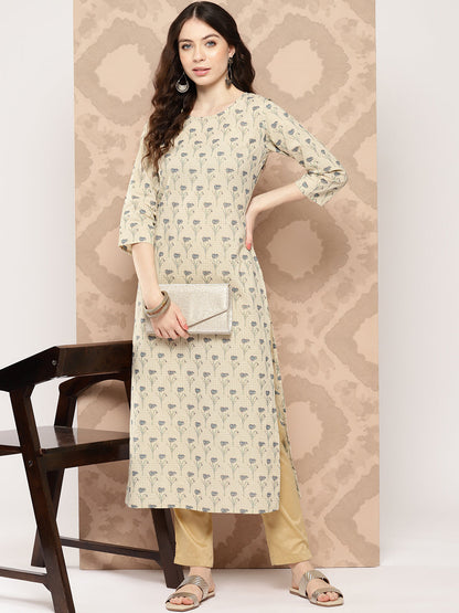 Women's Cream Printed Straight Kurta With Three Quarter Sleeves