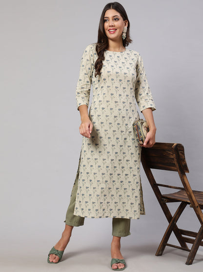 Women's Cream Printed Straight Kurta With Three Quarter Sleeves