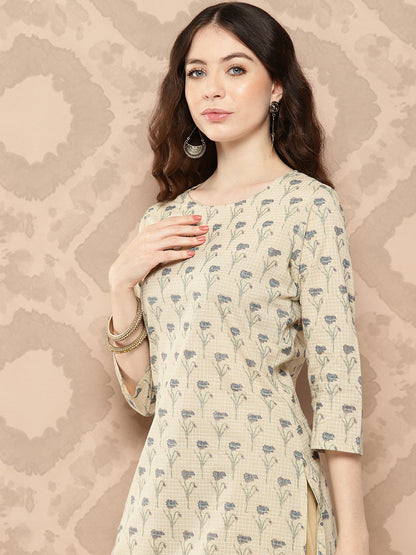 Women's Cream Printed Straight Kurta With Three Quarter Sleeves