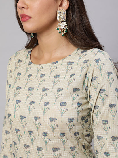 Women's Cream Printed Straight Kurta With Three Quarter Sleeves