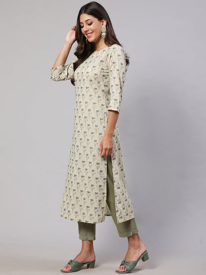 Women's Cream Printed Straight Kurta With Three Quarter Sleeves