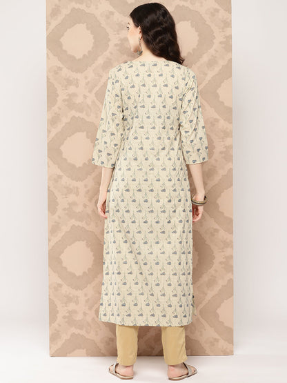 Women's Cream Printed Straight Kurta With Three Quarter Sleeves