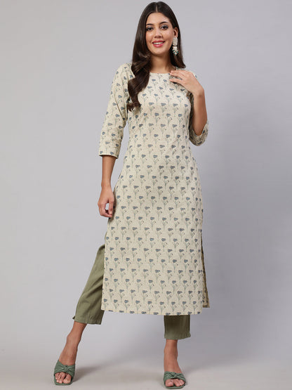 Women's Cream Printed Straight Kurta With Three Quarter Sleeves
