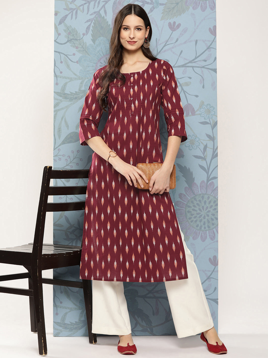 Women's Maroon Ikat Printed Straight Kurta With Three Quarter Sleeves