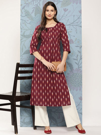Women's Maroon Ikat Printed Straight Kurta With Three Quarter Sleeves