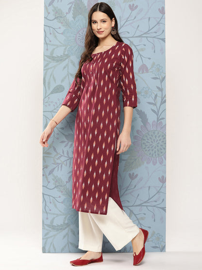 Women's Maroon Ikat Printed Straight Kurta With Three Quarter Sleeves