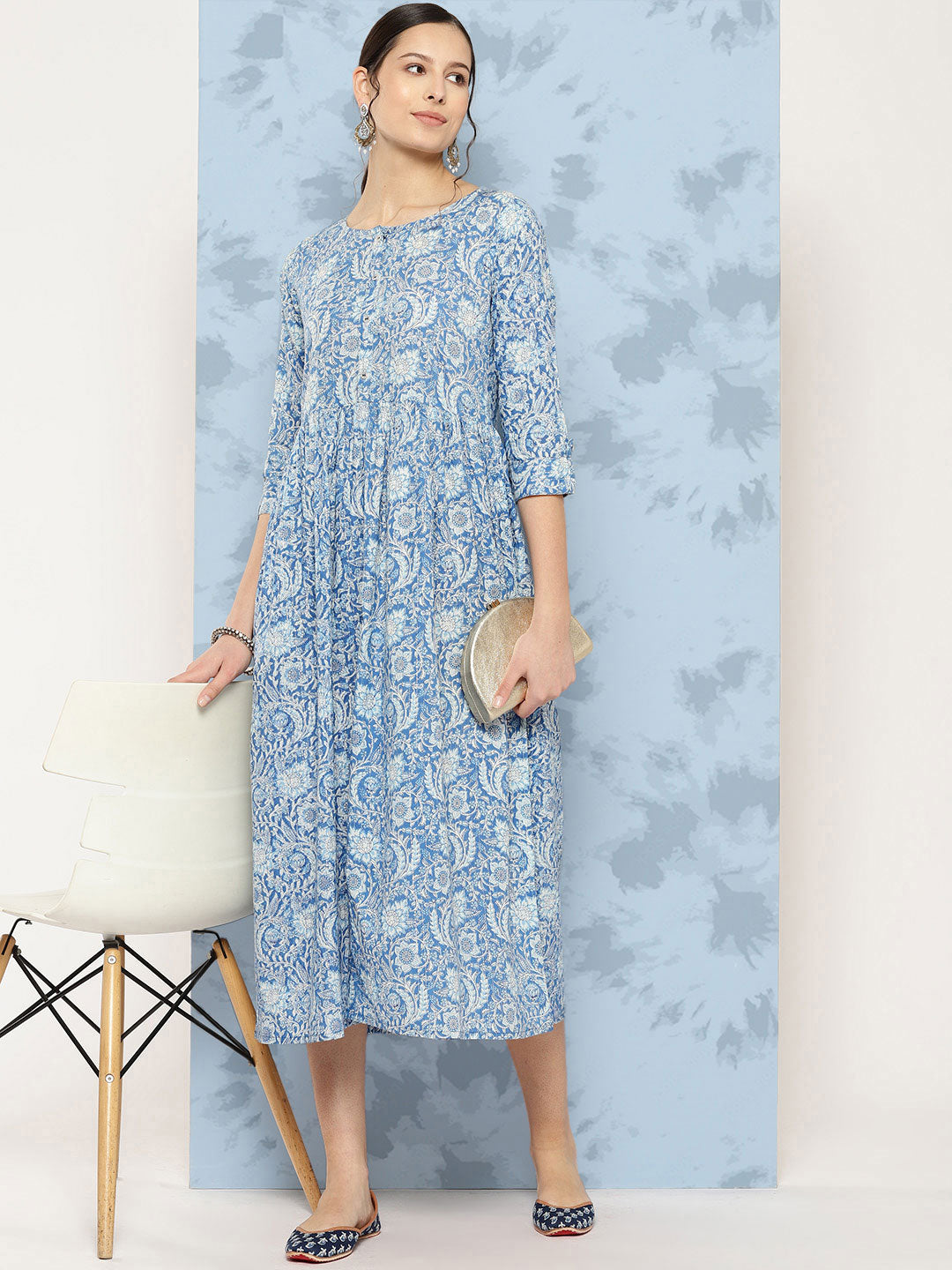 Women's Wome Blue Printed Flared Dress With Three quarter Sleeves