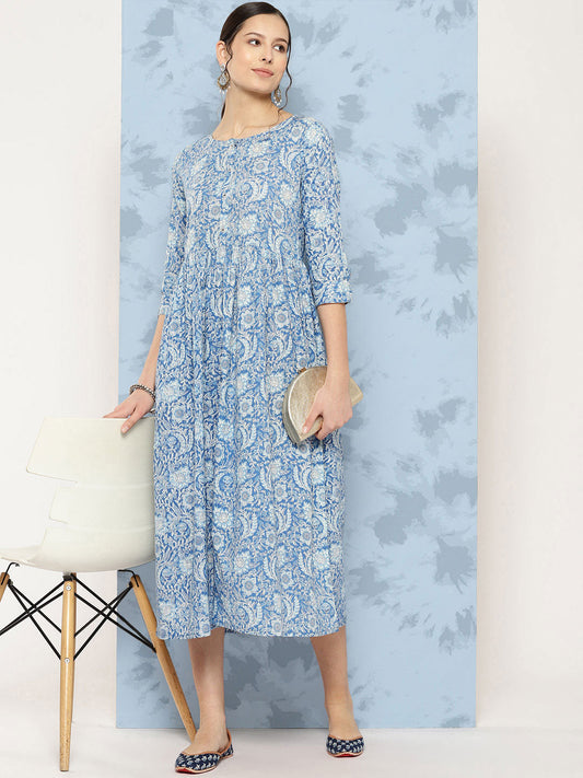 Women's Wome Blue Printed Flared Dress With Three quarter Sleeves