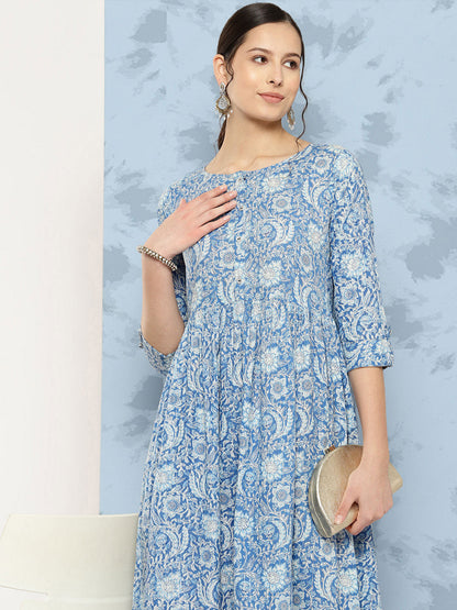 Women's Wome Blue Printed Flared Dress With Three quarter Sleeves