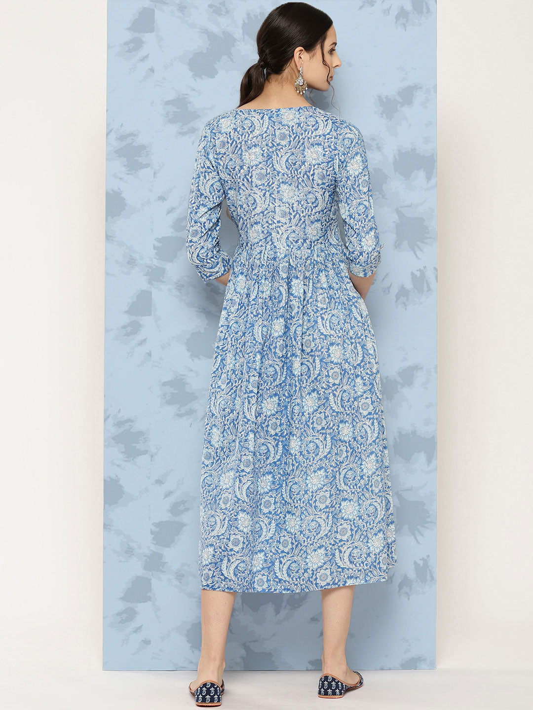 Women's Wome Blue Printed Flared Dress With Three quarter Sleeves