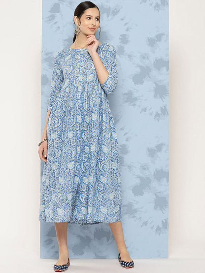 Women's Wome Blue Printed Flared Dress With Three quarter Sleeves