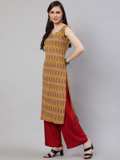 Women's Wome Mustrad Printed Straight Sleeveless Kurta