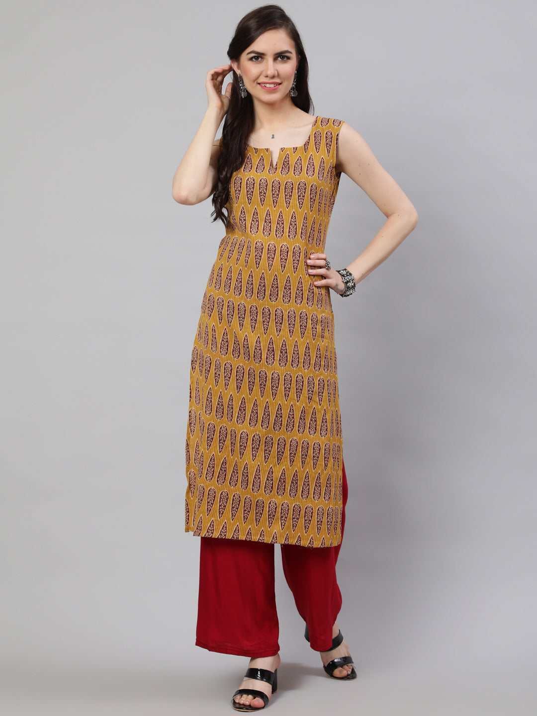 Women's Wome Mustrad Printed Straight Sleeveless Kurta