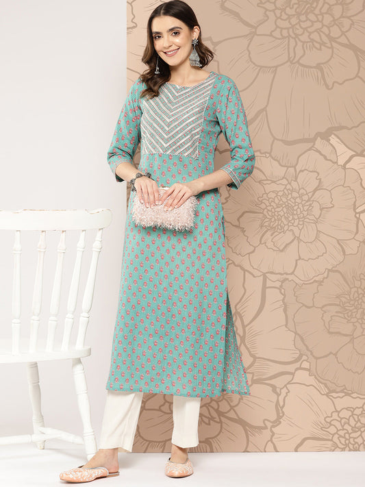 Women's Green Ethnic Printed Straight Kurta With Three Quarter Sleeves