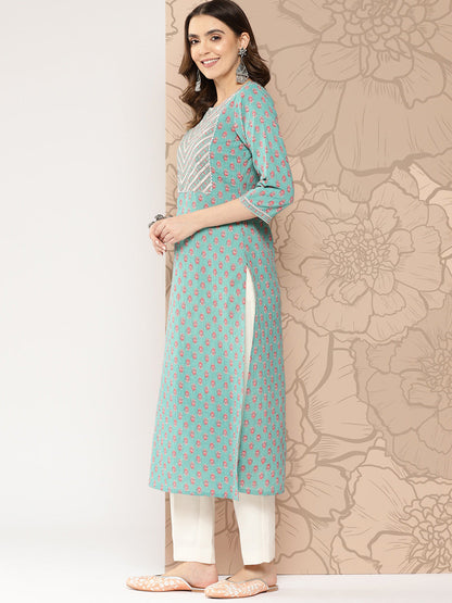 Women's Green Ethnic Printed Straight Kurta With Three Quarter Sleeves