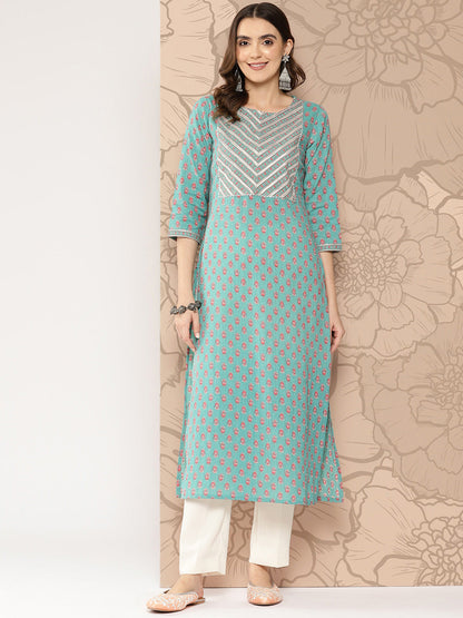 Women's Green Ethnic Printed Straight Kurta With Three Quarter Sleeves