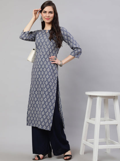 Women's Grey Ethnic Printed Straight Kurta with Three Quarter Sleeves