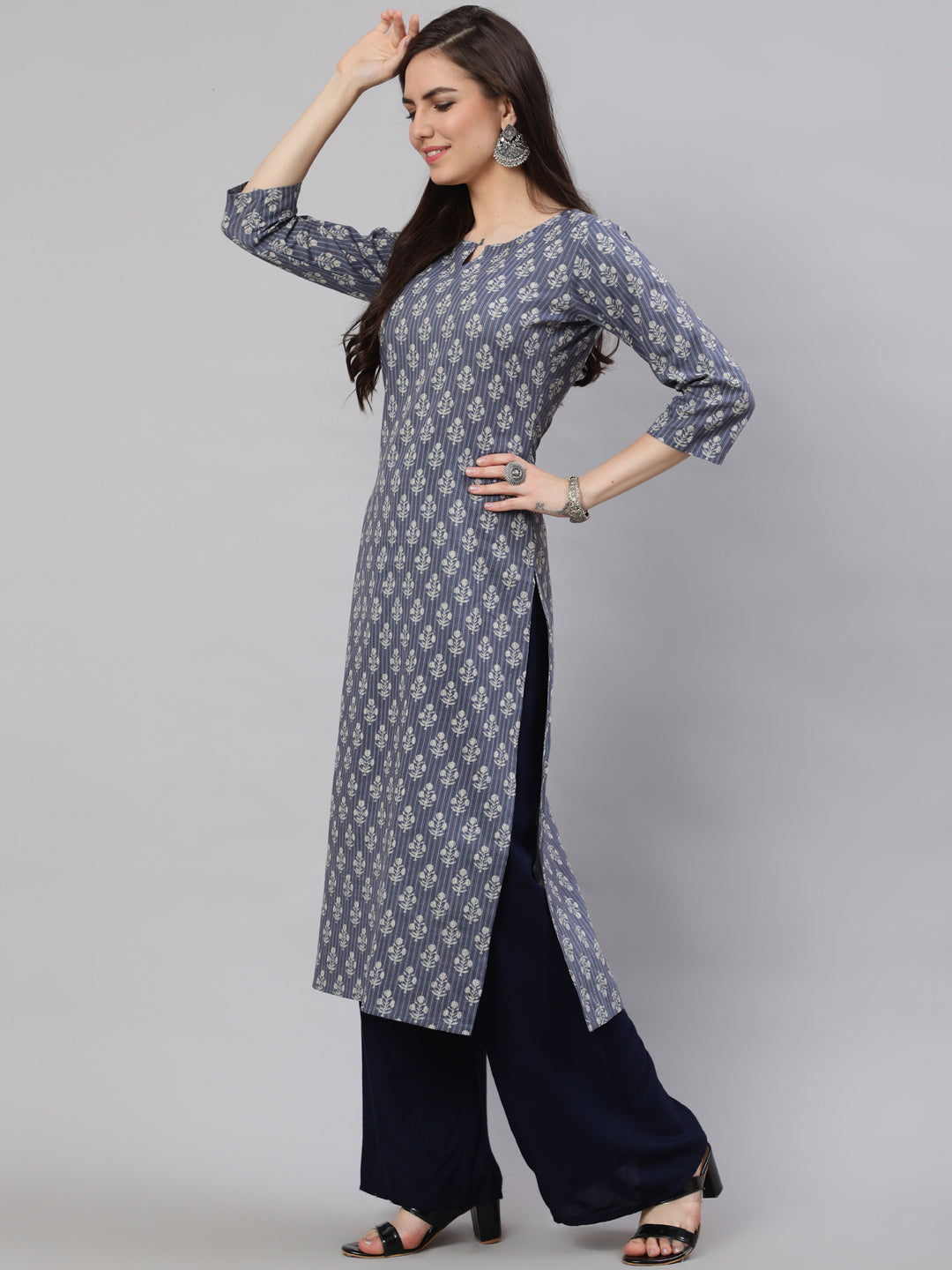 Women's Grey Ethnic Printed Straight Kurta with Three Quarter Sleeves