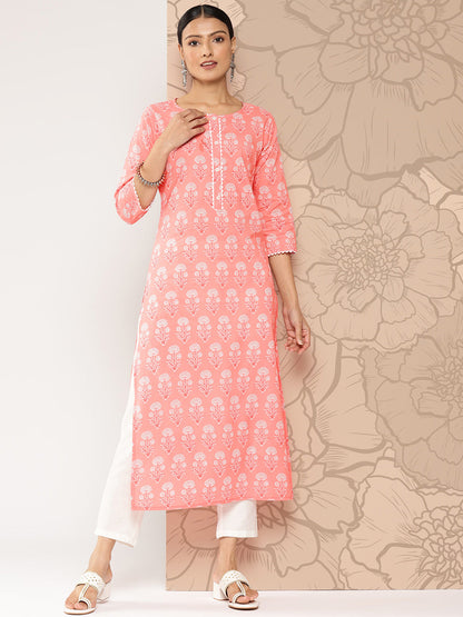 Women's Pink Printed straight kurta with three quarter sleeves