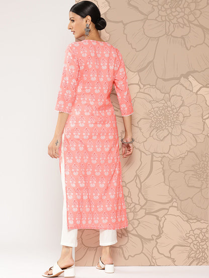 Women's Pink Printed straight kurta with three quarter sleeves