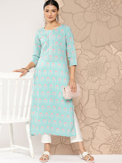 Women's Blue Ethnic Straight Kurta With Three Quarter Sleeves