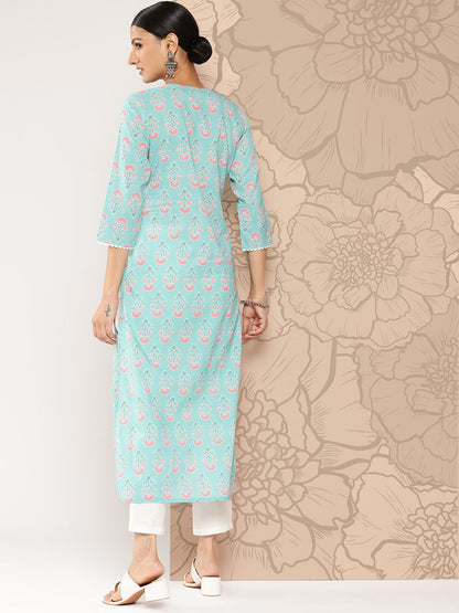 Women's Blue Ethnic Straight Kurta With Three Quarter Sleeves
