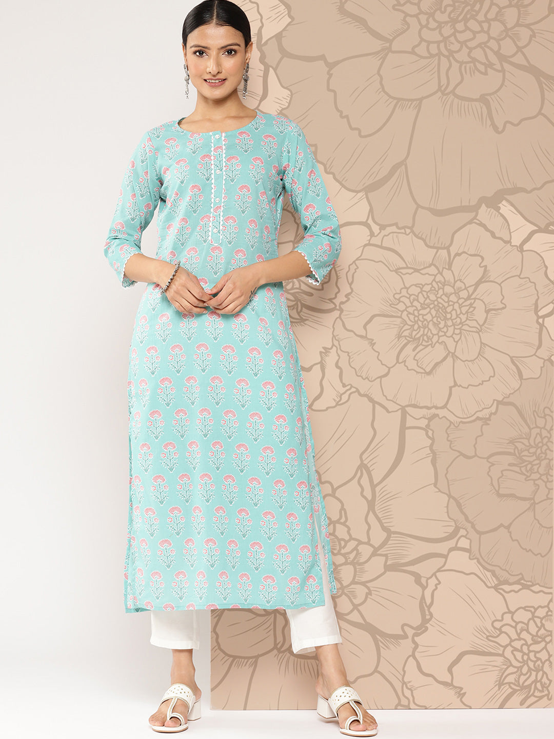 Women's Blue Ethnic Straight Kurta With Three Quarter Sleeves