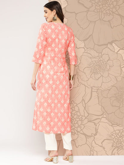 Women's Peach Printed straight kurta with three quarter sleeves