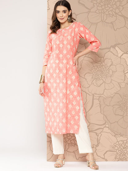 Women's Peach Printed straight kurta with three quarter sleeves