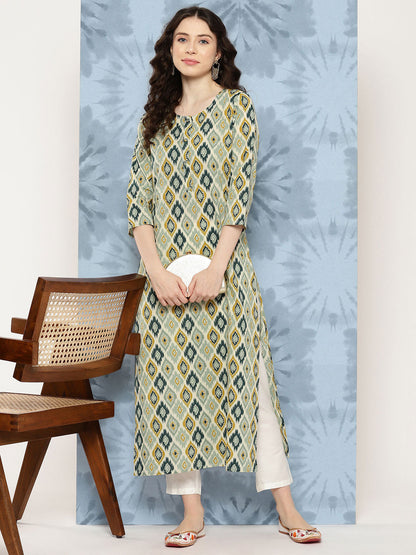 Women's Multi Ikat Printed Straight Kurta with Three Quarter Sleeves