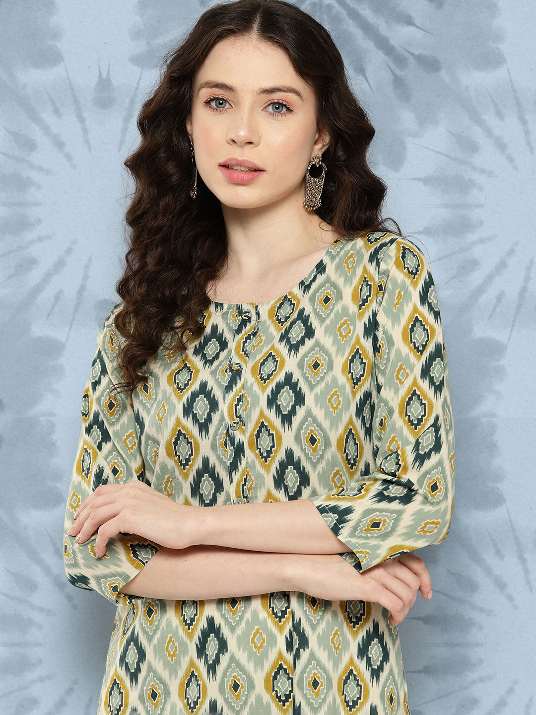 Women's Multi Ikat Printed Straight Kurta with Three Quarter Sleeves