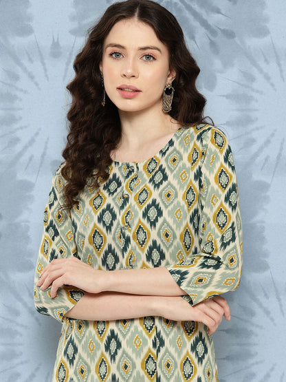 Women's Multi Ikat Printed Straight Kurta with Three Quarter Sleeves