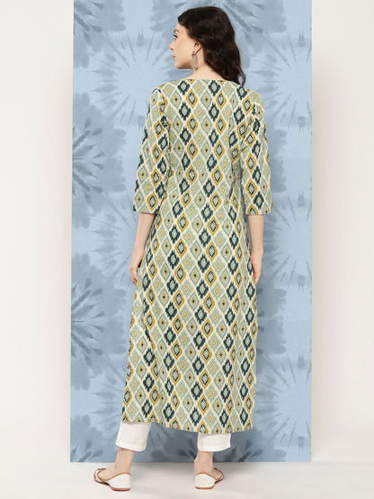 Women's Multi Ikat Printed Straight Kurta with Three Quarter Sleeves