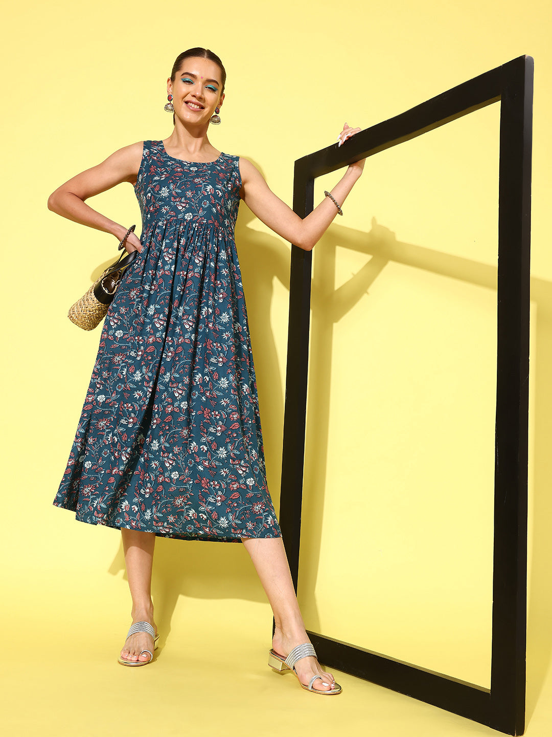 Women's Wome Blue Floral Printed Sleeveless Dress