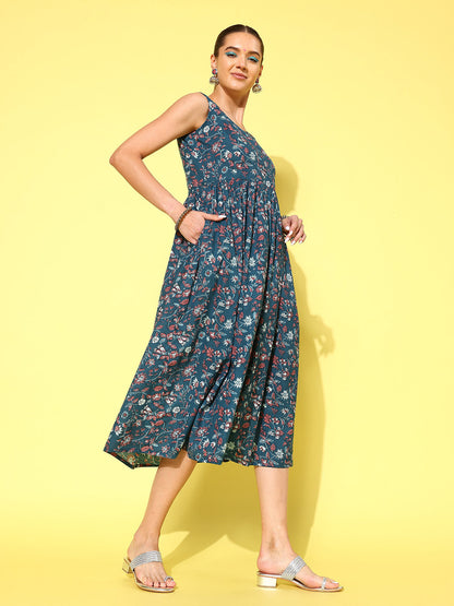 Women's Wome Blue Floral Printed Sleeveless Dress