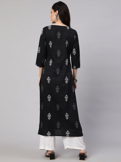 Women's Black Printed straight Kurta With three qurter sleeves