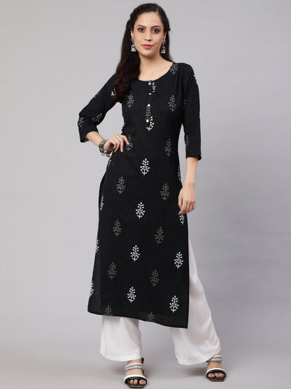 Women's Black Printed straight Kurta With three qurter sleeves
