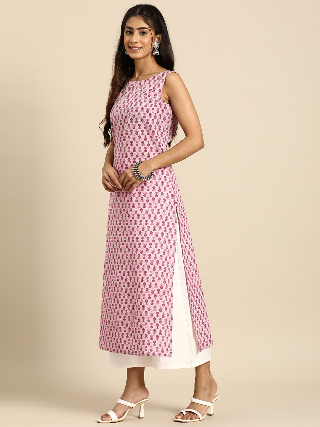 Women's Mauve Ethnic Printed Straight Sleevless Kurta